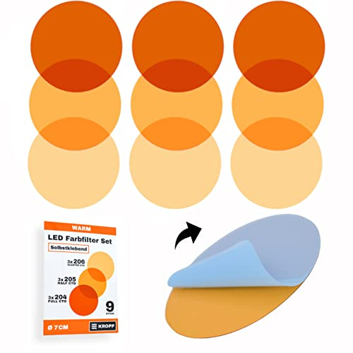 KROPP Selbstklebende Farbfolien für LED Lampen, 7 cm Kreiszuschnitt, 3 Töne Warmweiß Farbfilter zur Farbkorrektur, Tageslicht zu Glühlicht, Filterset mit 9 Stück