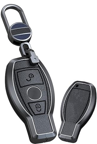 KUNIO Autoschlüssel Hülle Cover Passt für Mercedes Benz BGA AMG W203 W210 W211 W124 W202 W204 W205 W212 W176 W213 Leder Schlüsseletui Schlüsselanhänger Schlüssel Etui 2 Tasten D Schwarz