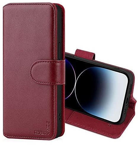 CHALK & HIDE - Lederhülle Case Cover für Apple iPhone 14 Pro Max (6.7), Echtleder Hülle Entwurf gemacht Mit Kartensteckplatz, Magnetisch und Standfuß - Burgunder