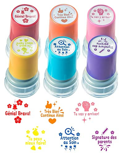 LAOYE 6PCS Plastique Tampon Auto Encreur Tampons Encreurs Enseignants Français pour Cadeau Professeur Tampon Ecole Avec Boîte pour Encourager Élèves