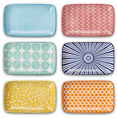 Selamica Platos de ensalada rectangulares grandes de cerámica de 9.5 pulgadas, platos de cena, platos de postre de pasta y bandejas para aperitivos, sushi, frutas, juego de 6, colores surtidos