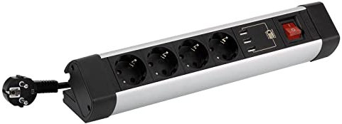 SIMON - Enchufe Múltiple, Regleta de Enchufe Plano, Ladrón de Enchufes con Interruptor, 4 Tomas 16 A 250V + 3 Enchufes USB A, con Protección de Sobretensiones y Cable 1,5 M, Color Aluminio y Negro