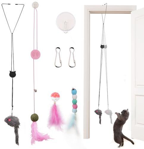 Interaktives Katzenspielzeug Spielzeug mit Feder Und Glocke, 4 Teile Katzenspielzeug Selbstbeschäftigung Hängende Türrahmen mit Spielzeugmäuse Federn Glöckchen Katzenminze für Kleine Große Katzen