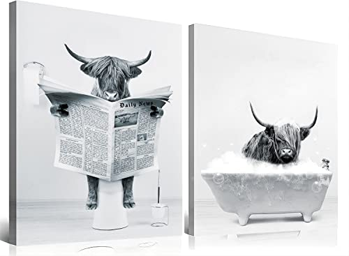 ZFTCN Art mural amusant au motif de journal - Tableau mural animal sur toilettes - Toile en noir et blanc - Décoration de salle de bain et chambre à coucher - Sans cadre - 40 x 60 cm x2