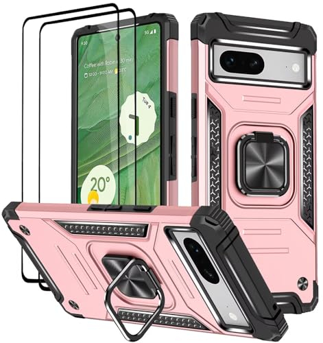 KANSi Cover per Google Pixel 7A, Vetro Temperato [2 Pack] Custodie Silicone TPU 360° Rotante Anello Magnetica Anello Ring Supporto Bumper - Rose Gold