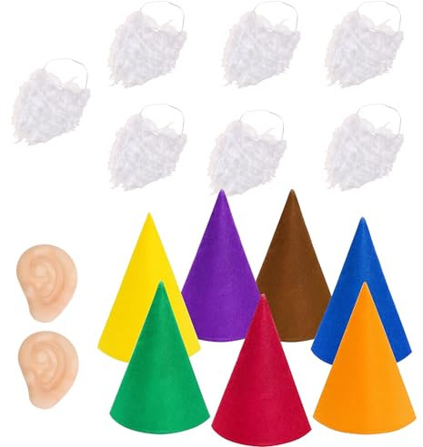 JNAWA 15 Stück Zwerg Kostüm Sets Elf Hut Gefälschte Bart Gefälschte Ohren Sieben Zwerg Verkleidung Kostüme für Halloween Weihnachten Kostüm Party Zubehör