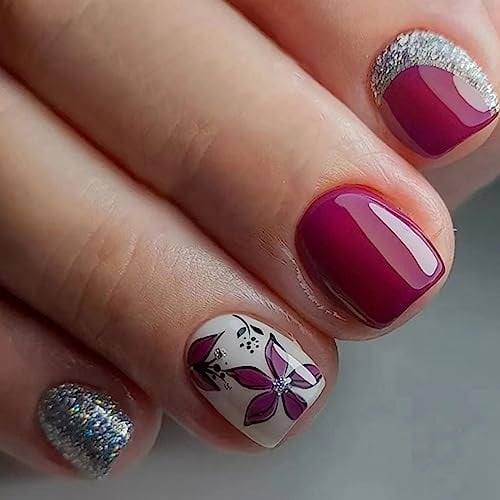 Ceboic 24 Stück Press on Nails Kurz, Eckig French Rosenrote Blumen Nägel Zum Aufkleben, Silber Glitzer Kunstnägel Fake Nails Acryl Künstliche Fingernägel für Frauen & Mädchen Party und Heimat DIY