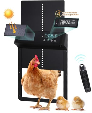 PUPIHOM Porte Automatique de poulailler avec Deux télécommandes, Porte de poulailler à énergie Solaire avec capteur de lumière, Ouverture de poulailler protégée des intempéries avec minuterie