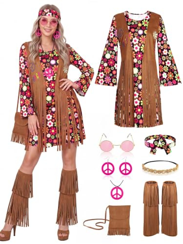 AOTHSO 8 Piece 70s Women Hippie Costume Peace Sign Earring Necklace Headband Dress Leg Sleeves Tassel Bag for Halloween Disco
