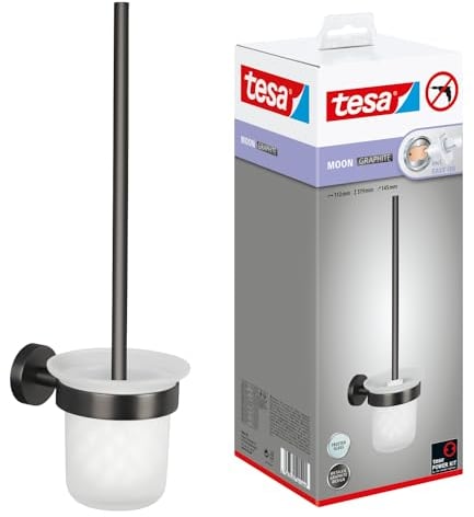 tesa Moon Graphite WC-Garnitur, Set mit Halter & WC-Bürste in gebürstetem Grafit, satiniertes Glas - selbstklebend, PVD-beschichtetes Metall - ohne Bohren, inkl. Klebelösung - 112mm x 379mm x 145mm