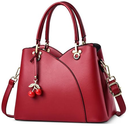 DORRISO Elegante Damen Handtasche PU Leder Mode Henkeltasche mit Schickem Kirsch-Anhänger Schultertasche für Reise Urlaub Business Lässig Nachmittagstee Einkaufen Damen Tasche Tote Bag Rot