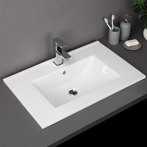 750mm Inset Bathroom Sink Basin Ceramic Sink Bowl Countertop Basin, Modern Cloakroom Basins Single Tap Hole Overflow Washbasin Bowl, Cabinet Mounted Basin Vessel Sinks