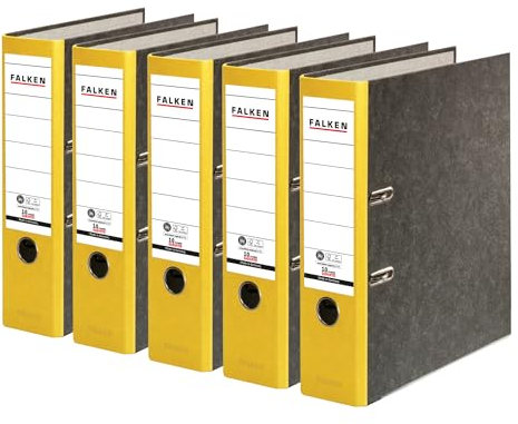 Original Falken 5er Pack Recycling-Ordner Wolkenmarmor. Made in Germany. 8 cm breit DIN A4 gelber Rücken Ringordner Aktenordner Briefordner Büroordner Pappordner CO2-Neutral Blauer Engel