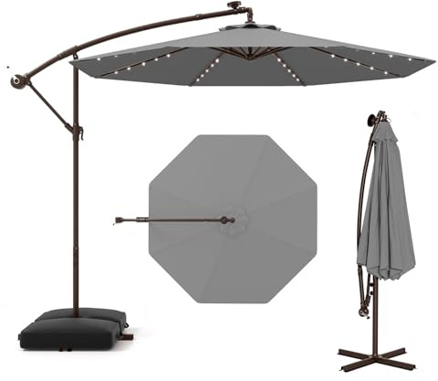 GOPLUS Sonnenschirm Ø 300 cm mit Sandsack, Ampelschirm mit LED-Solar-Beleuchtung, UV-Schutz, Terrassenschirm mit Kurbel, Marktschirm Gartenschirm für Pool, Rasen & Garten, Grau