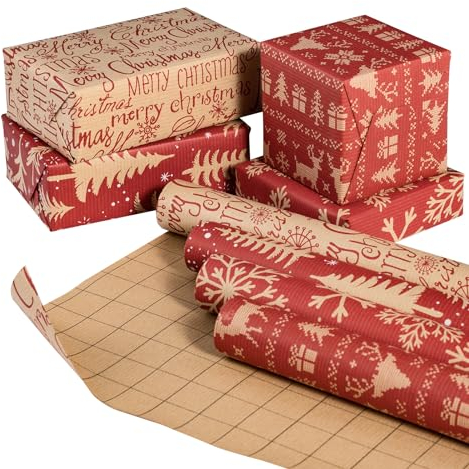 RUSPEPA 4 Rouleaux de Papier d'Emballage Kraft de Noël - Renne Rouge, Flocon de Neige, Arbre de Noël et Conception de Texte - 43,2 cm x 3 m par Rouleau