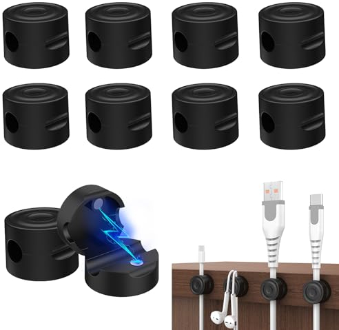 Simpeak 10-Pack Magnetic Cable Holder Cord Organiser for Desk, Easy Secure Adhesive Cable Management Clips for Office Desk Home Nightstand Car USB Charger Cable Organizer,Black