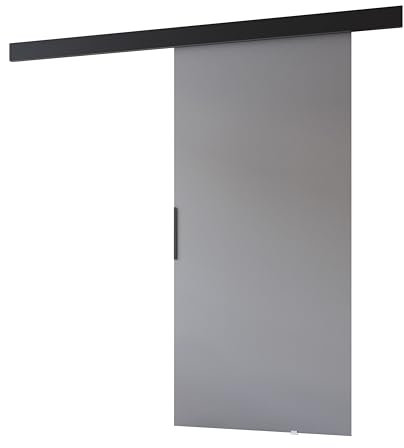 MINIO go for it - Schiebetür PRIM A, Zimmertür 96 cm, Schiebetürsystem, Lacobel, Wandmontage, schwarzer Griff, Farbe: Grau/Schwarz