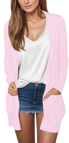 TianWlio Gilet Femme Long Cardigan Chic Manches Longues Gilet Long Cardigan Ouverte Devant Respirant Confortable Élégant avec Poches Cardigan Femmes Cardigan Mode Classique (Pink, XXL)