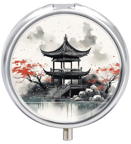 Pilulier rond à peinture à l'encre chinoise pour sac à main et poche, 3 compartiments, pilulier portable de voyage, pilulier de voyage, pilulier médicamenteux, vitamine morue, huile de foie