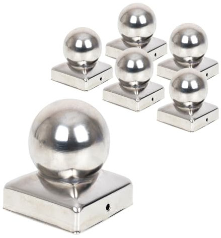 VOSS.garden 5X Pfostenkappen 70x70mm mit Kugel, Edelstahl Schutzkappen für Holzpfähle Holzpfosten, Kappen für Vierkantpfosten, inkl. Schrauben