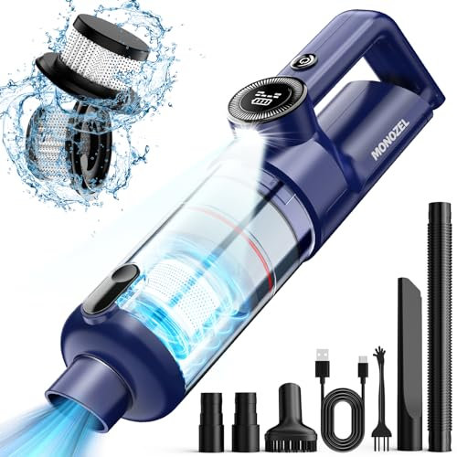 MONOZEL Handheld Vacuum - Car Vacuum Cleaner with Brushless Motor, 15000Pa Strong Suction, LED Light, Type C Cable, 2 HEPA Filters, Portable for Home, Pet and Car