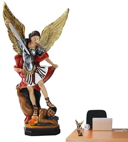 Wrohto Erzengel Michael Figur | St. Michael Erzengel Farbige Statue | Der heilige Erzengel Michael besiegte den Drachen, die Kampfengel-Skulptur