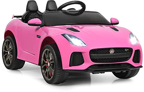 GOPLUS Elektroauto Jaguar, 12V Kinderauto mit 2,4 Ghz Fernbedienung, Softstart, LED Licht, Hupe, Musik, Sicherheitsgurt, 3-5 km/h, Kinderfahrzeug für Kinder ab 3 Jahre bis zu 25 kg (Rosa)