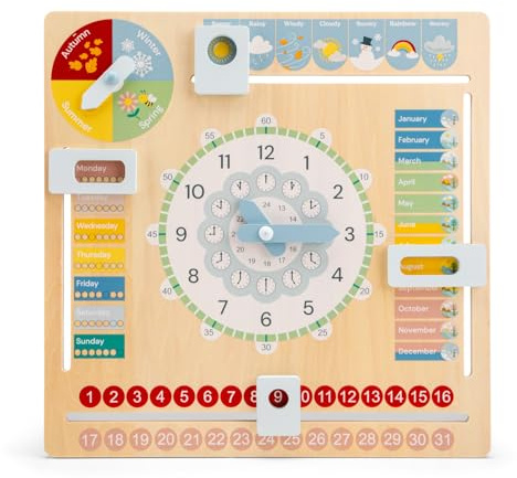 New Classic Toys Woet® Wooden English Calendar Clock Learning Toy | Learning Clock Toy, English Language, Time Learning, Date Learning, Wooden Educational Toy, Learn to Tell Time, Age 3 Years+