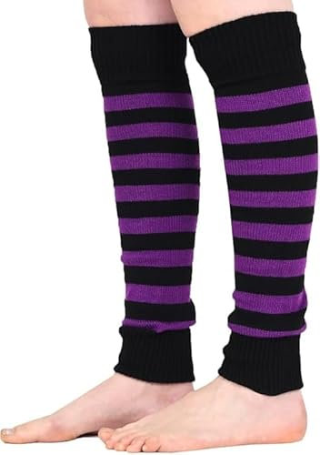 Kids Stripe Leg Warmers Stay Warm & Stylish with Knitted Ankle Legwarmers for Girls Perfect for Book Week Christmas School Dance Party Sports Yoga (Purple Black, One Size)