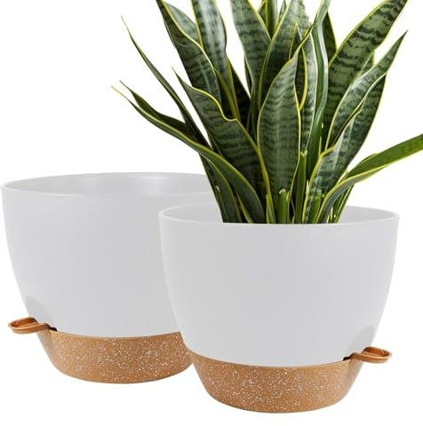 Kalizoi 30 cm Blumentopf mit Untersetzer, Selbstbewässerung Übertopf mit Drainagelöcher, Pflanzentopf für Innen Außen Pflanzen(2er-Set, Weiß)