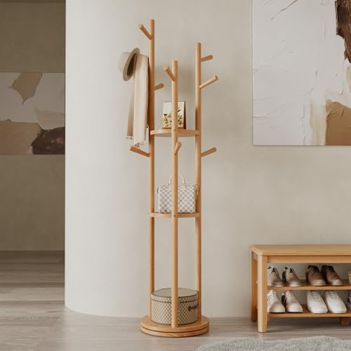 Muwuele Porte-manteau rotatif en bois massif avec 3 étagères et 9 crochets, arbre à manteau pour chambre à coucher, entrée, salon, porte-manteau pour manteaux, écharpes, sacs à main (naturel)