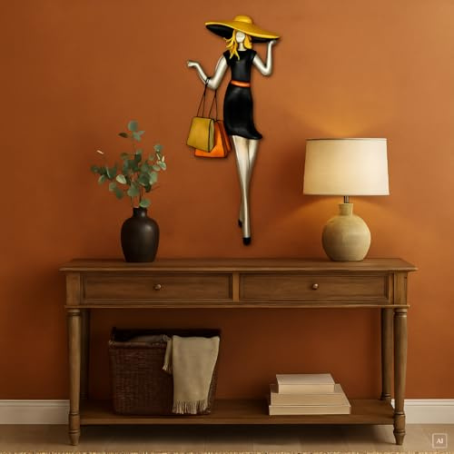 abc HOME | Wanddeko Frau mit Hut & Einkaufstaschen – 55 cm Hoch – Moderne Fashion Metallkunst für schmale Wände – Schwarze Silhouette für Ankleidezimmer & Flur