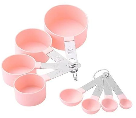 JUNEYEHX 8-Piece Pink Measuring Tools - Nylon, 4 Measuring Cups / 4 Measuring Spoons with Metal Handles for Liquids and Solids (Pink)