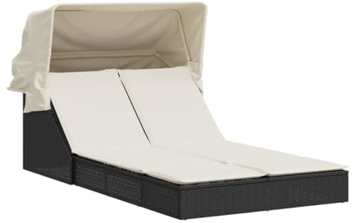 Emmtore Sonnenliege, Doppelliege mit Dach Auflagen, Gartenliege Verstellbare Rückenlehne, Relaxliege Liege Gartenmöbel,Poly Rattan Sonnenliege,Schwarz