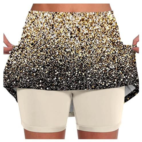 Sequin Jupe Short Femme Tennis Courte Grande Taille 2 en 1 Jupe Paillette Doré Jupes-Shorts De Tennis avec Poche Skorts Skirt Doublure Intégrée Mini Jupes avec Pantalon Yoga Fitness Course (Gold, M)