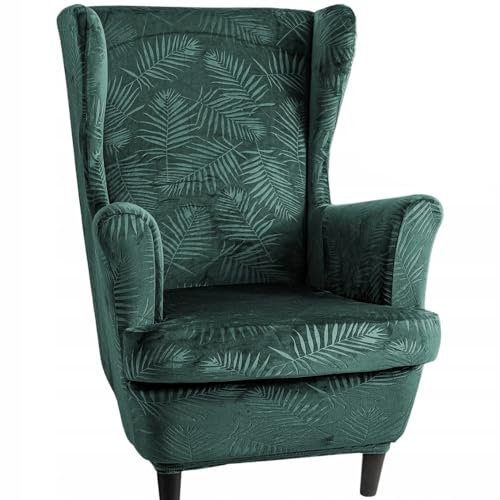 Domidekor Ohrensessel Überzug – Sesselschoner Grün mit Palmenblättern – Sesselbezug Stretch - Strandmon Sessel Bezug – Sesselhusse Elastisch Velour Schmutzabweisend - Oeko-Tex 100