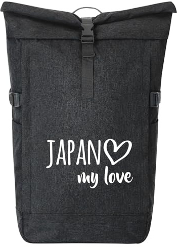 Huuraa Kurierrucksack Japan my love Geschenk | 30-44 Liter Backpack Black Melange Fairtrade Rolltop Rucksack Geschenkidee Schwarzer Laptop-Rucksack passend für 17-Zoll