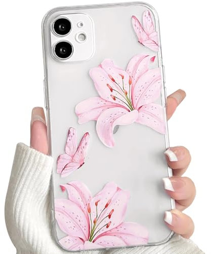 NITITOP Compatible with iPhone 11 Phone Cases, Apple Case Clear Cute Flower Floral Lily Butterfly Pattern for Women Girls Transparent Full Camera Lens Soft TPU Shockproof Protective Cover - Pink
