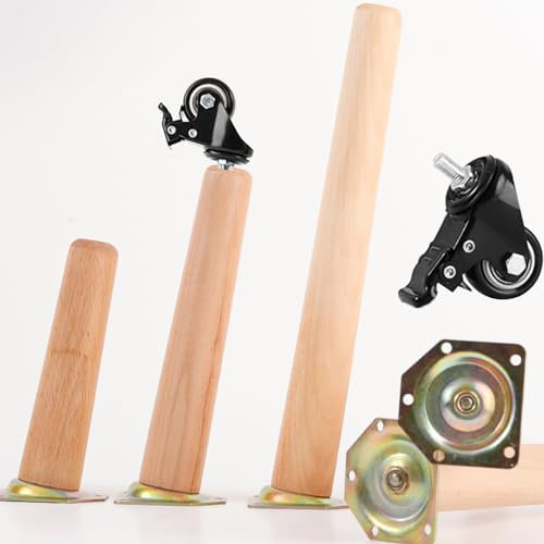 GAOXIONG Möbelbeine aus Holz, 4er-Set, konische Möbelfüße aus massivem Holz für Couchtisch, Computertisch, Arbeitstisch und Esstisch, 30 cm/12 Zoll, mit rutschfesten Rollen