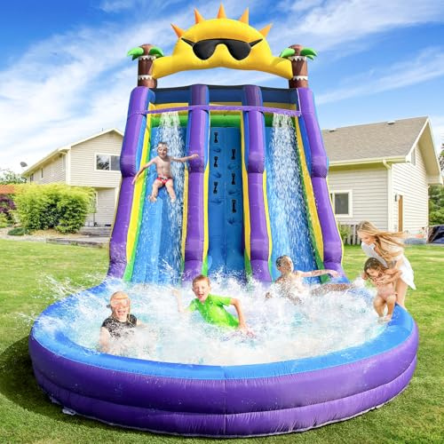 GOFAFALO Inflatable Grade Double Water Slide for Kids and Adults with Big Splash Pool, 20.6 * 9.45 * 11.3FT Backyard Party Oxford Water Slide with Air Blower-Purple