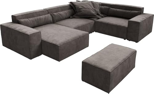 DELIFE Wohnlandschaft Sirpio Mikrofaser Khakibraun 300x210 cm Recamiere variabel mit Hocker