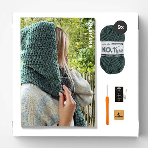 myboshi Häkelset Kapuzenschal Nebelmeer, inkl. Wolle, Häkelnadel, Wollnadeln, Label, Anleitung, 30% Wolle (Merinowolle) Grün mit Häkelnadel