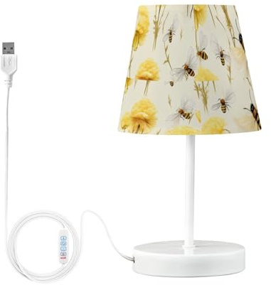 Mnsruu Nachttischlampe Biene Gelb Fluter Nachttischlampen LED Schreibtischlampe Stoffschirm Kleine Lampe für Schlafzimmer Wohnzimmer (Leuchtmittel enthalten)