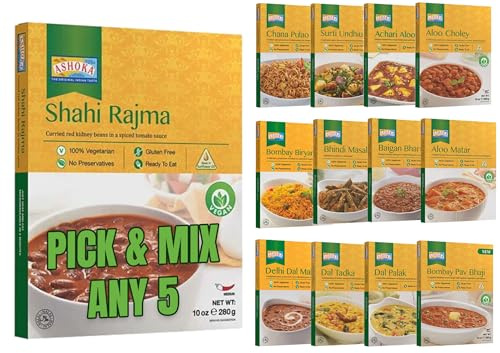 Ashoka Ready to Eat Meals – Pick & Mix Any | Authentic Curry & Veg Dishes | Instant Heat & Eat Food Pouches (Pack of 5)