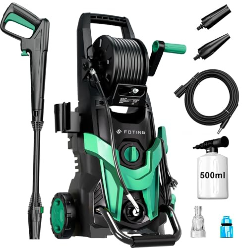 Hochdruckreiniger 180 Bar, 6-in-1-Düse, Fördermenge: 420l/h, Flächenleistung: 50m²/h, Wassersparend, mit Schaumkanone und Schlauchtrommel, Autos und Einfahrten