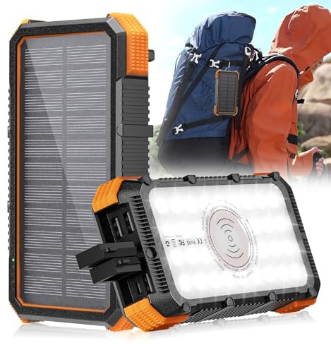 Solar Powerbank 32000mAh 15W Kabelloses Laden Outdoor Power Bank Wasserdicht Staubdicht Stoßfest Tragbar mit LED Licht Kompatibel Handy Tablet Kamera Camping