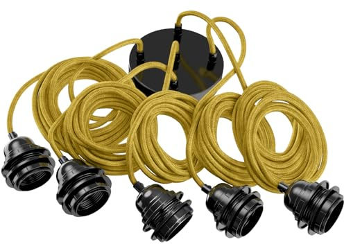 Hoopzi Hang Pendelleuchte, 5-flammig, 3,5 m Leinenkabel | E27-Bakelitfassung, Stahlbaldachin, DCL-kompatibel, für Schlafzimmer, Wohnzimmer und Küche, Farbe: Senfgelbes Leinen
