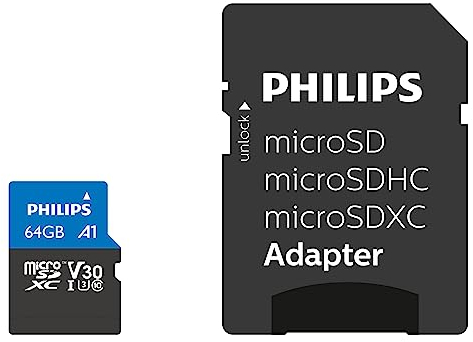 Philips Ultra Pro microSDXC Card 64 GB + SD Adapter UHS-I U3, Lesegeschwindigkeit bis zu 100 MB/s, A1 Fast App Performance, V30, Speicherkarte für Smartphones, Tablet, PC, Card Reader, 4K UHD Video