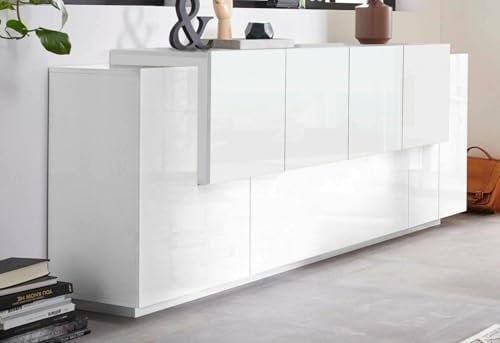 Dmora - Buffet Gennaro, Buffet de Cuisine avec 7 Portes, Buffet de Salon, Buffet de Cuisine, 100% Made in Italy, 200x45h86 cm, Blanc Brillant