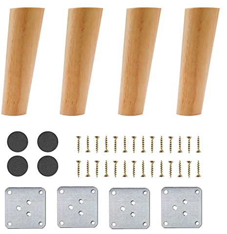 JOLIGAEA 4 Stück Möbelfüße Holz, Sofafüße, 15cm Konisch Ersatz Tischbeine, Möbelbeine mit Montageplatten & Schrauben für Sofa, TV, Schrank, Bett Und Tisc, Fase